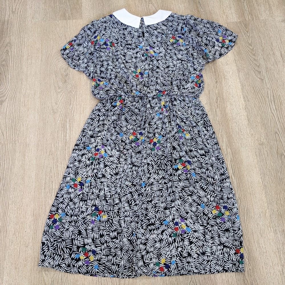Vintage 80s Peter Pan Collar Abstract Dress L Bow Tie Blouson Art Teacher Quirky - Picture 6 of 16